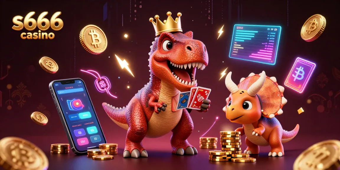 Experience the thrill of s666 casino with a lovable T-Rex shuffling cards and Triceratops stacking chips in a vibrant scene.