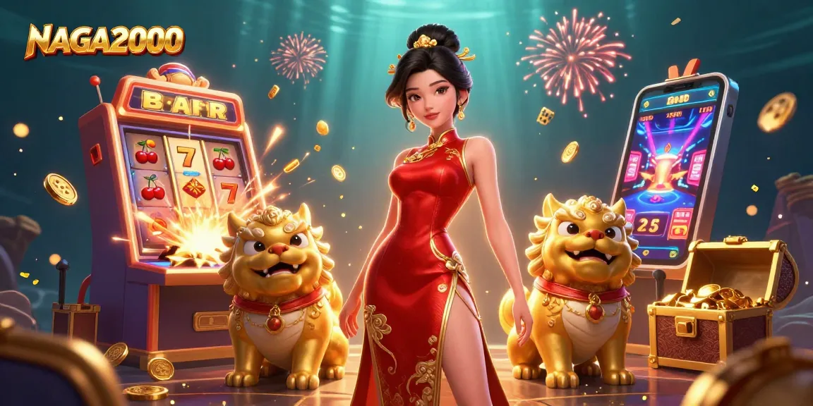 Rasakan suasana kasino NAGA2000 yang hidup dengan seorang wanita Asia dan anjing foo emas di tengah keseruan permainan slot.