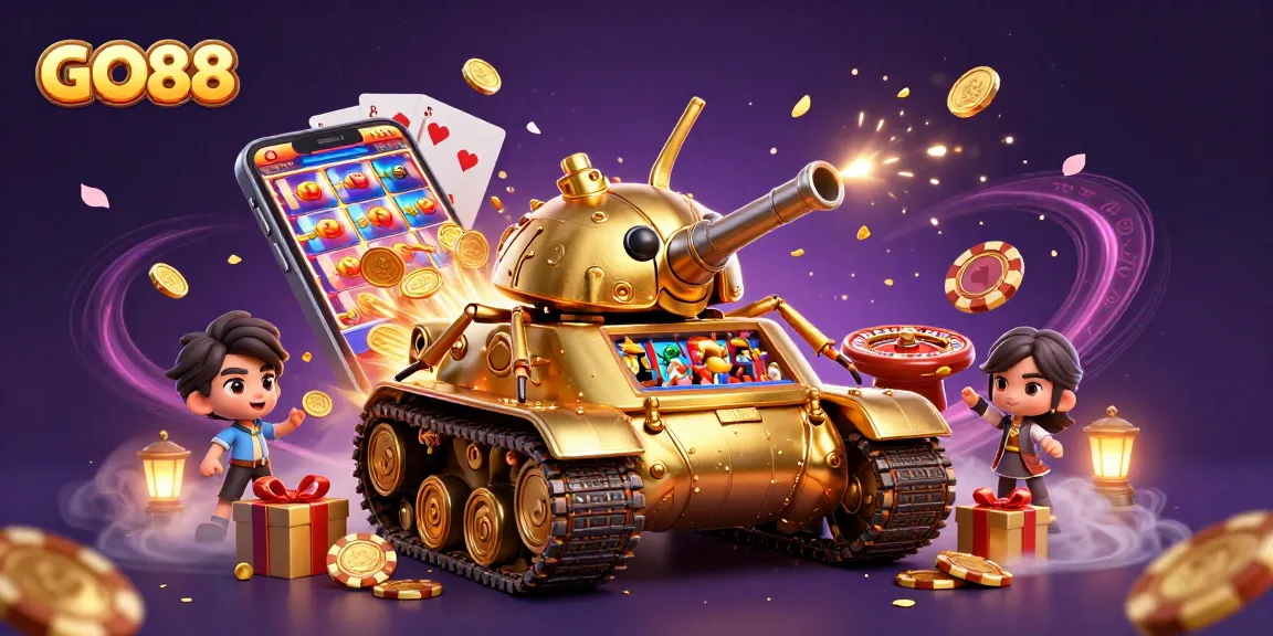 Win big with GO88's dynamic gaming experience, featuring vibrant casino elements and festive decor.