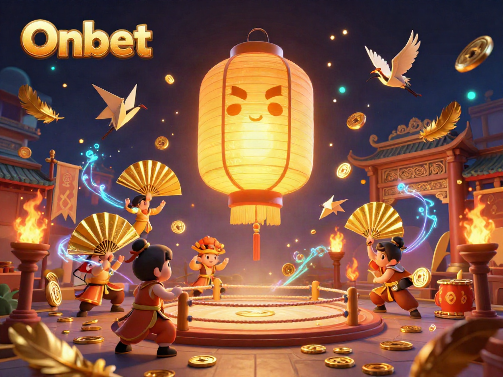 Experience Onbet's vibrant casino with a giant golden lantern spirit and lucky symbols illuminating the scene.