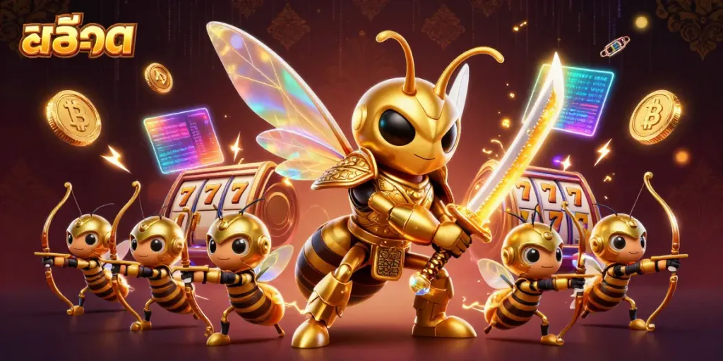 Engage with exciting สล็อต gameplay visuals featuring a golden hornet samurai and bee archers in a vibrant scene.