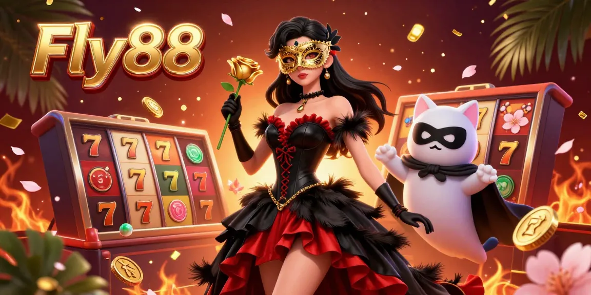 Engage in exhilarating gaming action at Fly88 with rich visuals featuring slot reels and stunning characters.