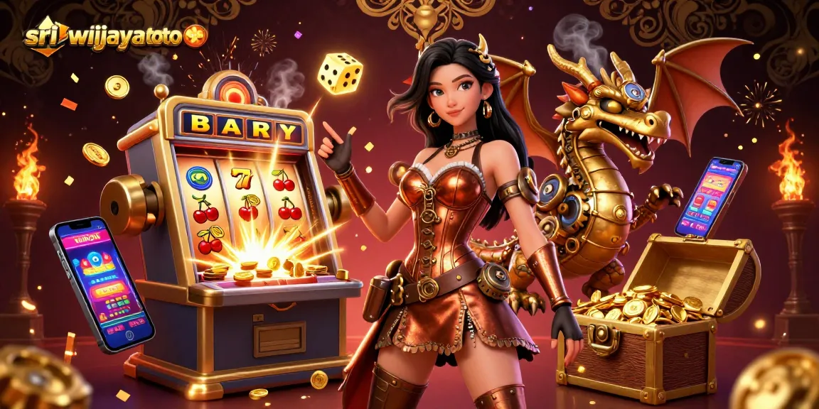 Sriwijayatoto showcases a vibrant casino scene with dynamic slot machines, tokens, and characters celebrating a jackpot.