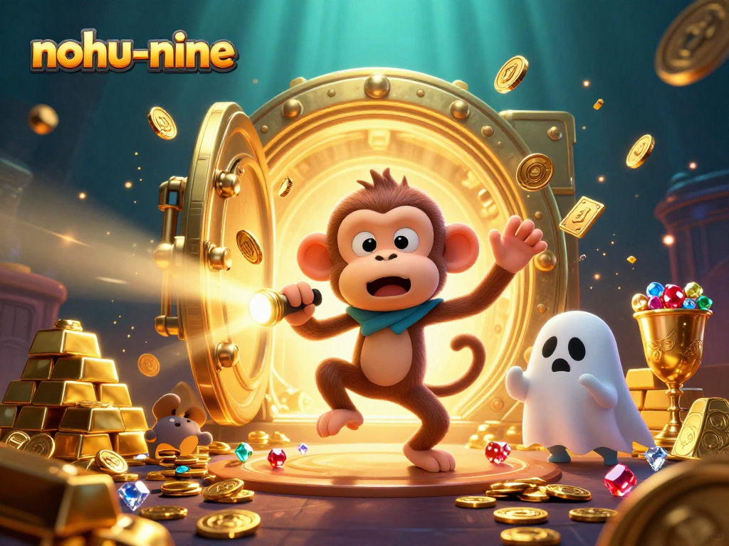 Experience the thrill of nohu-nine with a mischievous monkey juggling coins in a vibrant haunted casino scene.