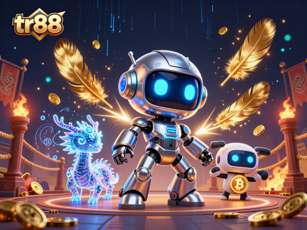 Engage in thrilling action at tr88 with vibrant games, golden tokens, and a cyberpunk casino atmosphere.