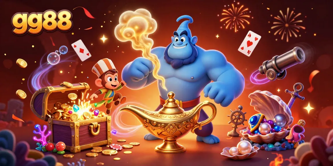 Experience the thrill of gg88 with a magical casino scene featuring a genie, poker chips, and vibrant treasures.