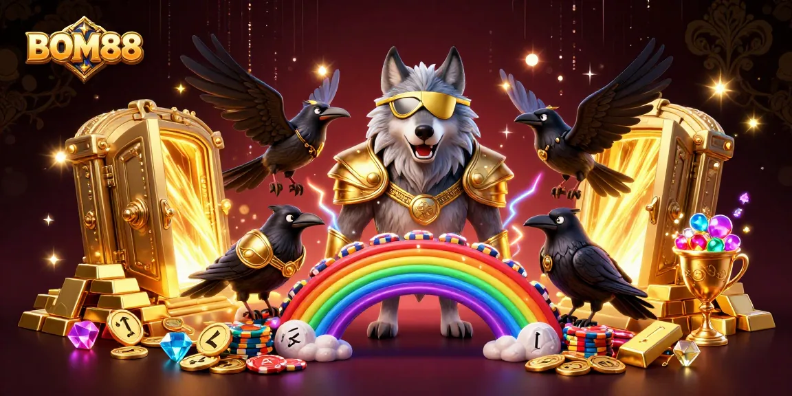 Experience the thrill of BOM88 with an epic scene featuring a golden-eyed Odin wolf and two ravens amidst casino treasures.