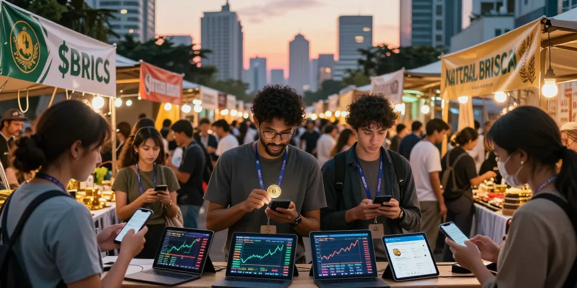 Engaging scene showcasing diverse people buying in BRICS crypto at marketplace, highlighting investment opportunities.