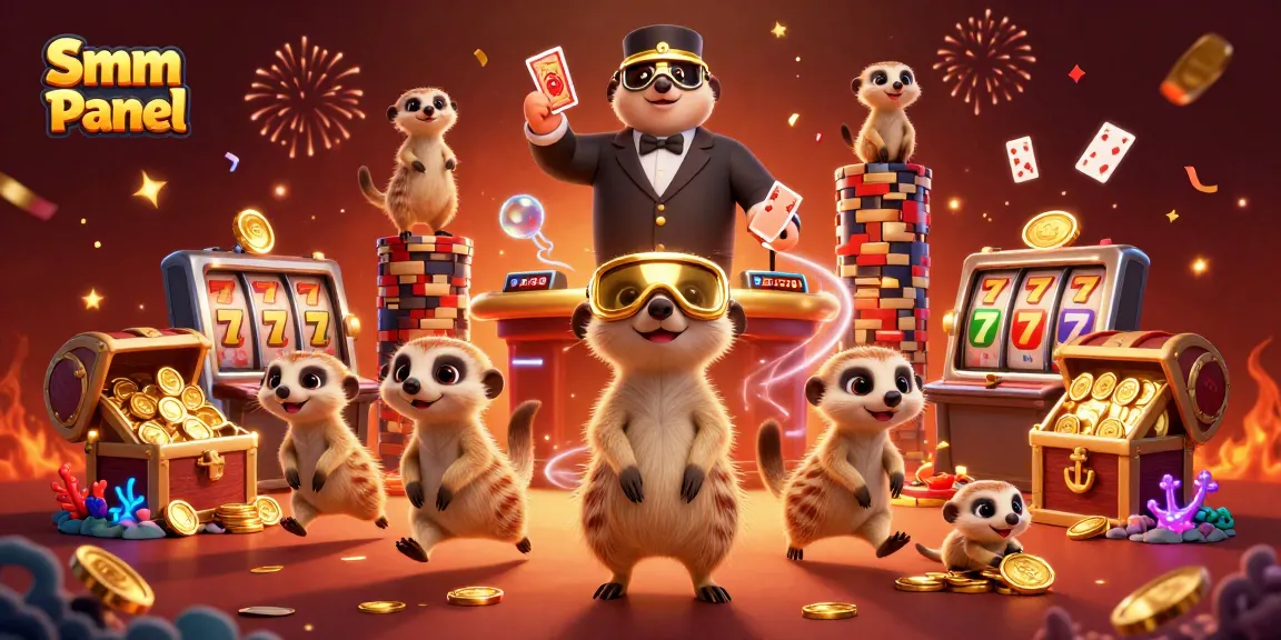 Engage with the lively Smm Panel scene featuring meerkats managing a vibrant casino filled with exciting slot games and treasures.