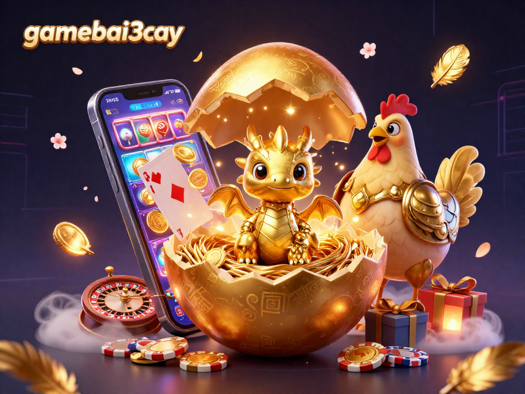 Experience gamebai3cay's thrilling atmosphere with a golden dragon and casino elements.