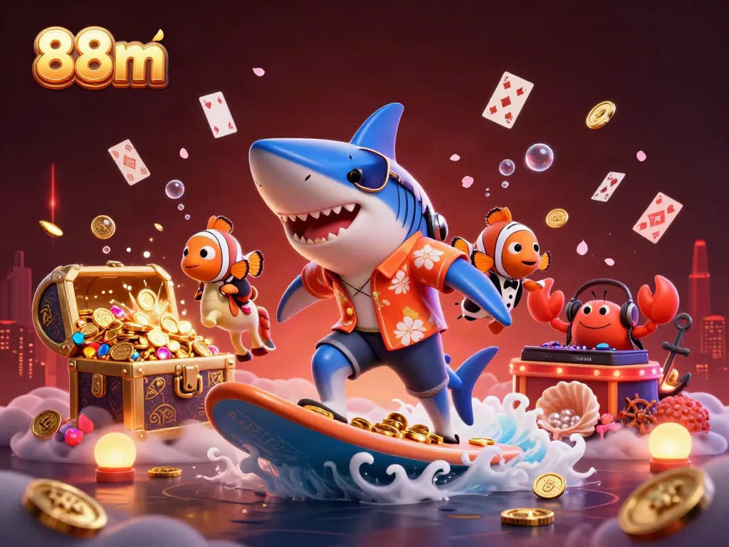 Experience thrilling adventures with 88m, a promotional illustration of an underwater casino with vibrant characters and game elements.