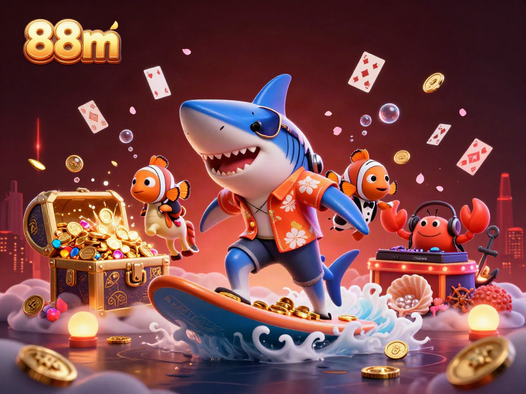 Experience thrilling adventures with 88m, a promotional illustration of an underwater casino with vibrant characters and game elements.