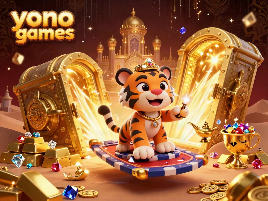 Experience yono games with a vibrant illustration of a sultan and treasure in a magical Arabian setting