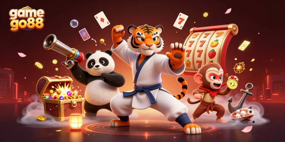 Engage with game go88 as a kung fu tiger master teaches gambling skills surrounded by vibrant casino elements.