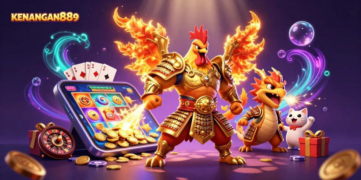 KENANGAN889 showcases vibrant slot gaming elements with dynamic characters in a thrilling casino scene.