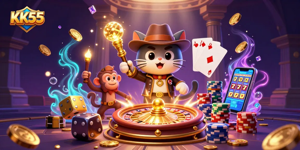 Experience KK55 excitement with a thrilling 3D illustration of an archaeologist cat and treasures.