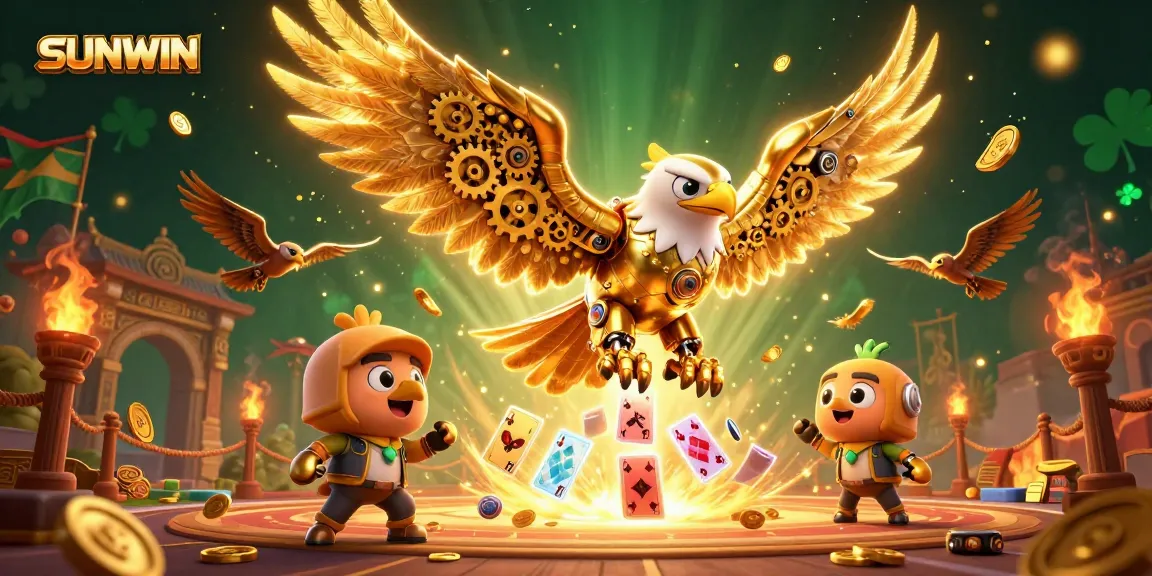 SUNWIN showcases a vibrant 3D eagle diving through holographic cards in a dynamic betting scene.