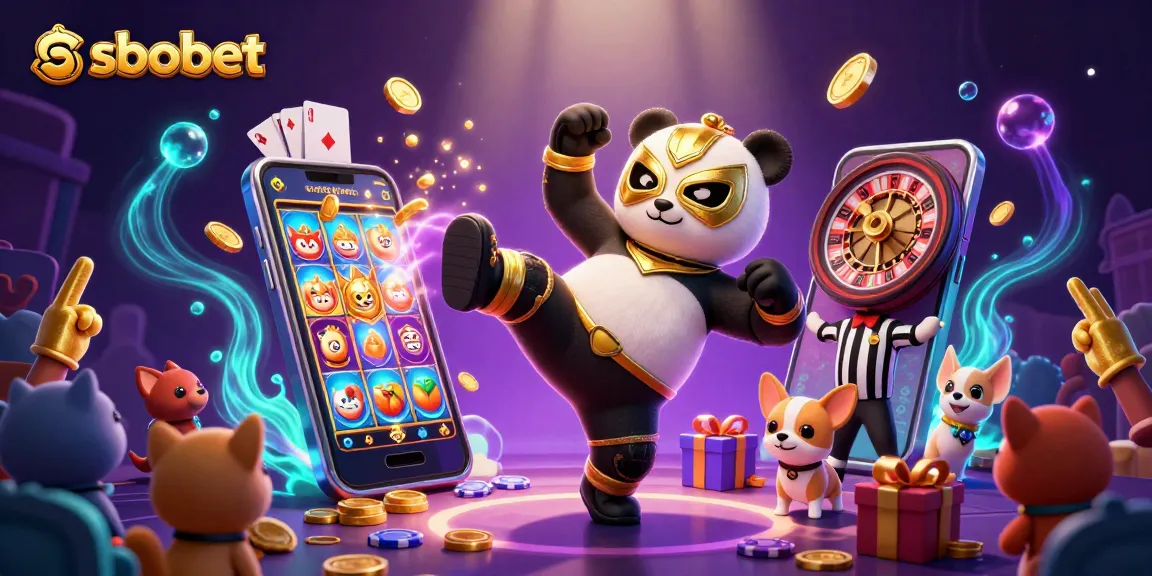 Bet on sbobet with a panda wrestler amid dynamic casino action featuring colorful games.