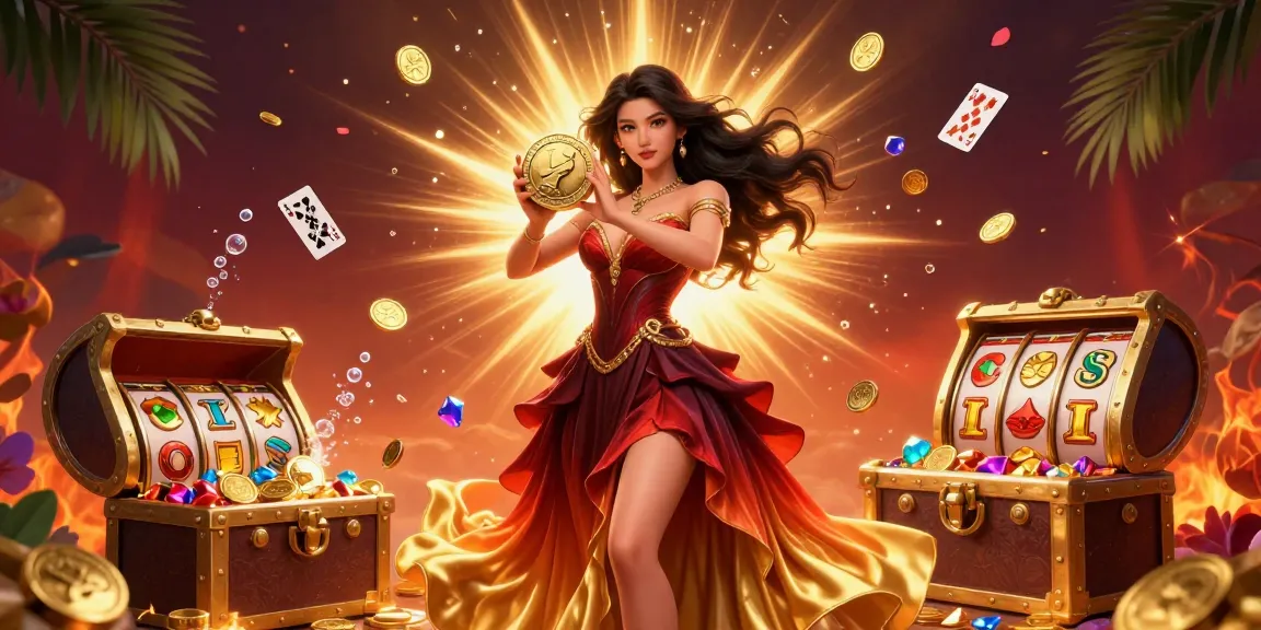 Experience the excitement of LUCKYWIN with dynamic slot reels and a stunning Asian woman celebrating her winnings.