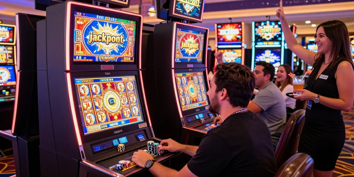 Slot gacor hari ini terlihat saat pemain merayakan kemenangan di mesin slot dengan suasana kasino yang energik dan cerah.