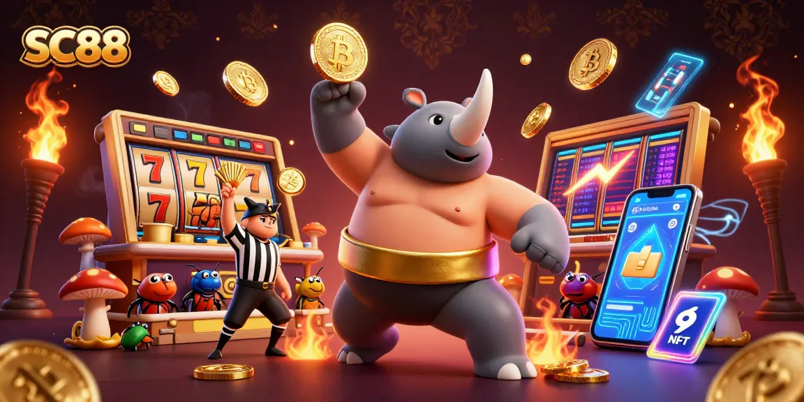 SC88 showcases a vibrant scene with a beetle sumo champion winning slots, coins flying everywhere!