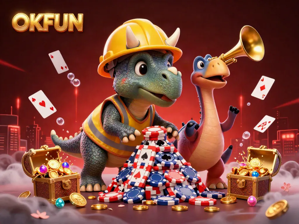 Engage in thrilling gaming at OKFUN with vibrant 3D dinosaur characters celebrating a poker win.
