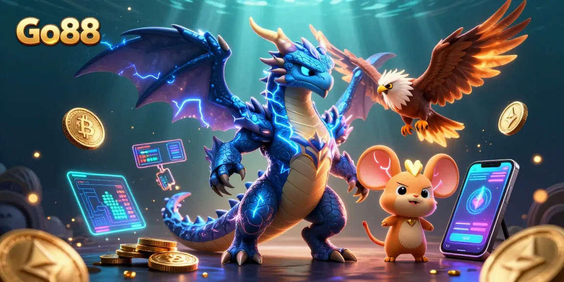 Experience electrifying gaming action at Go88 with vibrant characters and crypto elements in a dynamic illustration.