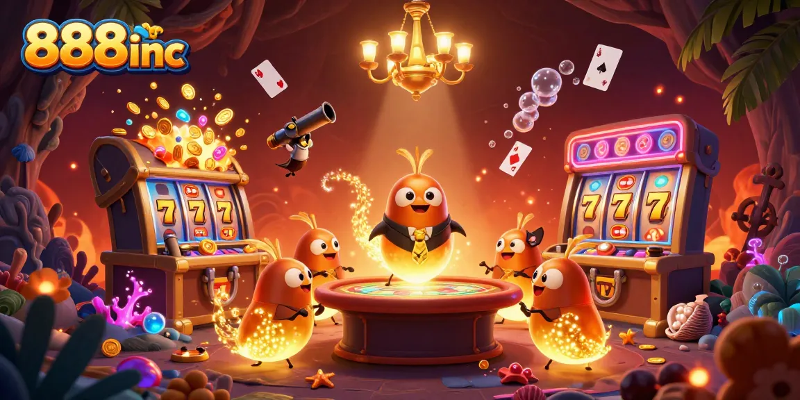 Experience the vibrant casino atmosphere at 888inc with glowworms illuminating games and treasures.