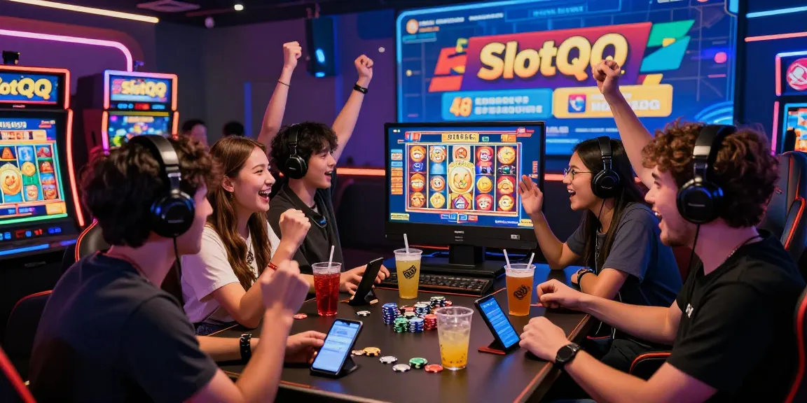 Exciting SlotQQ QQHOLIC gaming scene with players celebrating a jackpot win and vivid slot machine visuals.