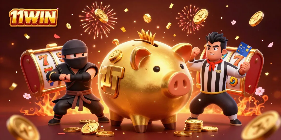 Win big with 11WIN in a vibrant casino scene featuring an enormous golden piggy bank.