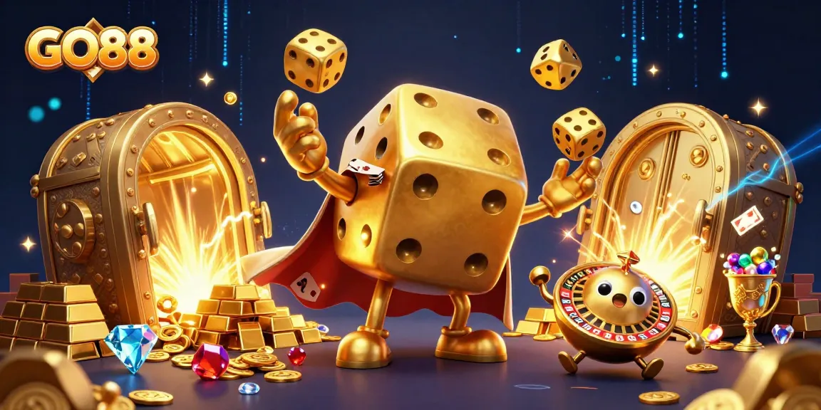 Experience the excitement of GO88 with a golden dice golem, thrilling casino elements, and vibrant treasures.