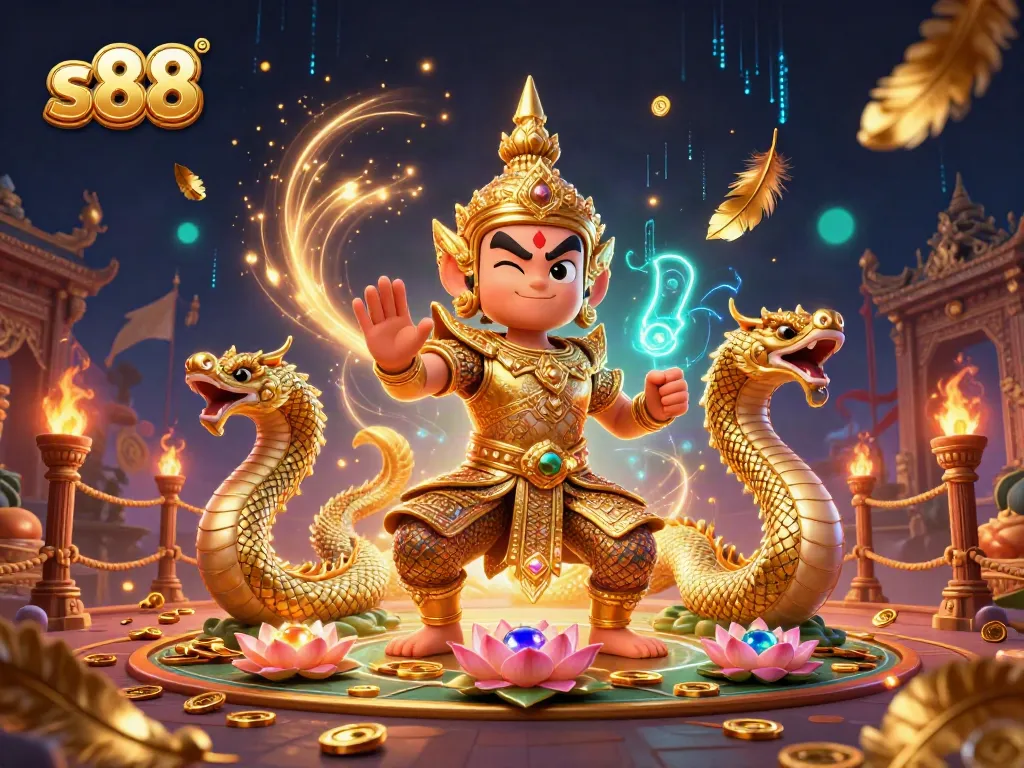 Experience thrilling wins at s88 with a dynamic 3D illustration of a guardian, Naga companions, and casino elements.