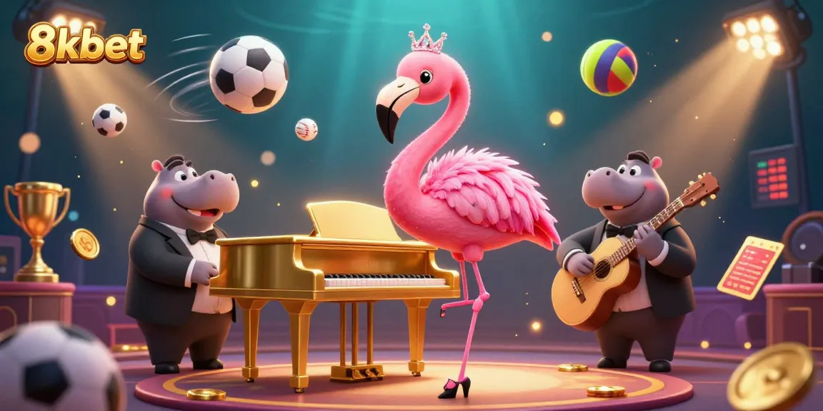 Experience the vibrant world of 8kbet with casino characters performing amidst sports elements in this lively illustration.