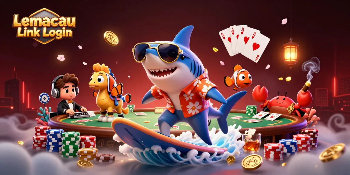 Lemacau Link Login for an exciting gaming experience with a cartoon shark surfing on gold coins.