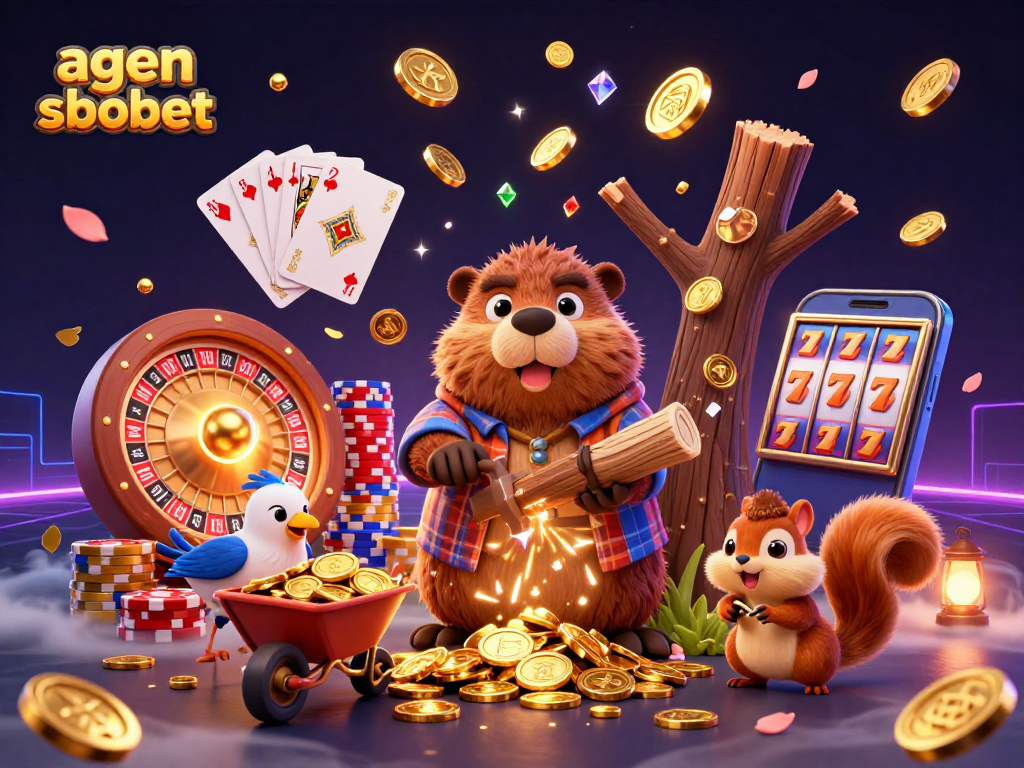 Engage with slots and sports betting at agen sbobet with 3D characters collecting golden coins.
