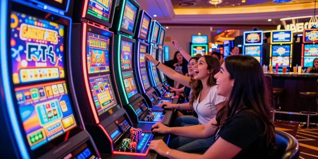 Slot machine players enjoying a vibrant casino experience with colorful lights.