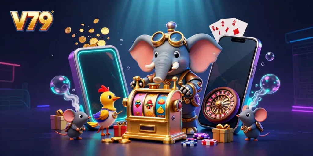 Experience thrilling slots at V79 with a steampunk elephant engineer surrounded by vibrant gaming elements.