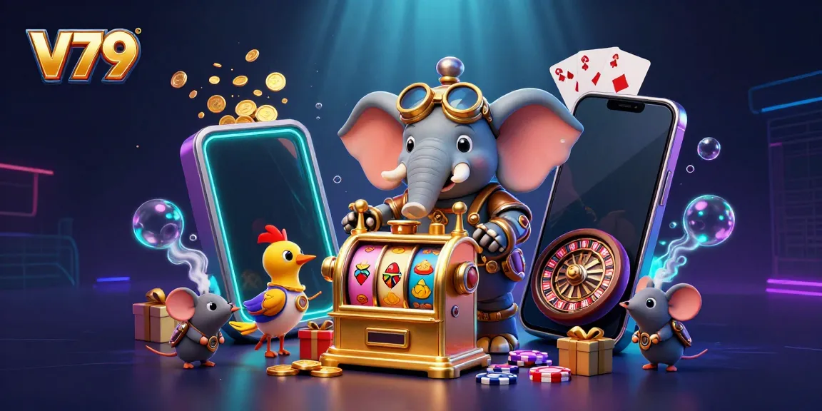 Experience thrilling slots at V79 with a steampunk elephant engineer surrounded by vibrant gaming elements.