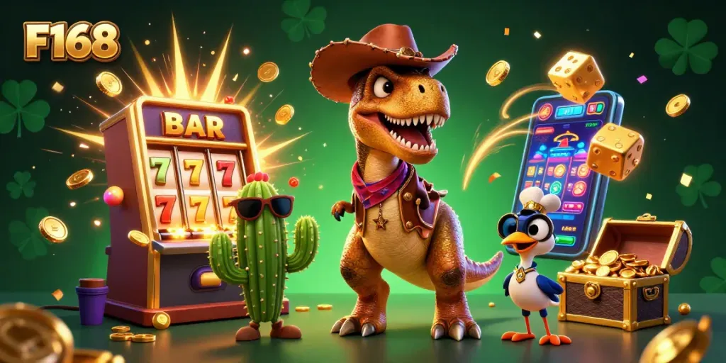 Engage with F168's vibrant casino experience featuring dynamic gaming elements and colorful characters.