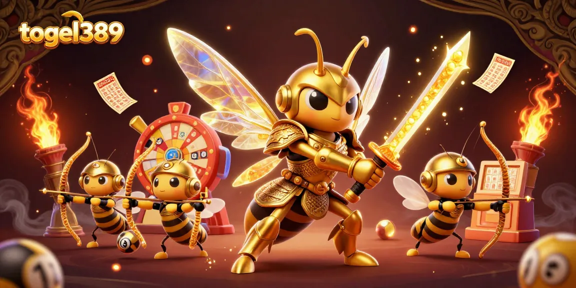 Play lottery with togel389 featuring a dynamic scene of a hornet samurai and bee archers.