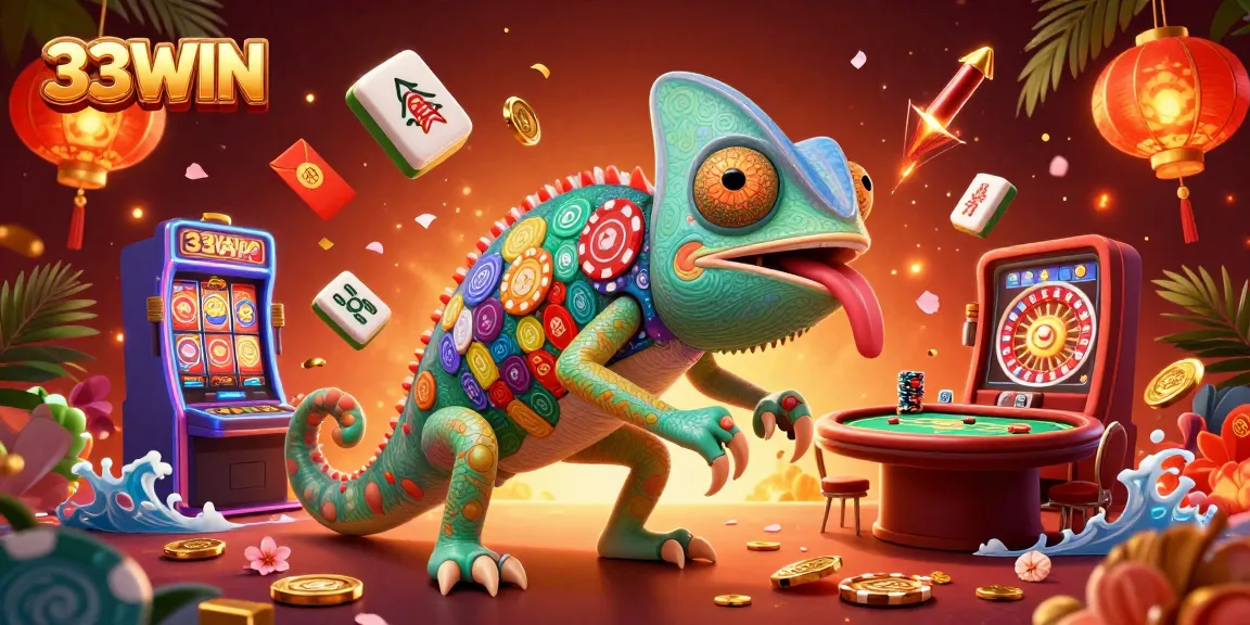 Catch golden coins with the vibrant 33WIN chameleon casino owner in a dynamic, festive scene.