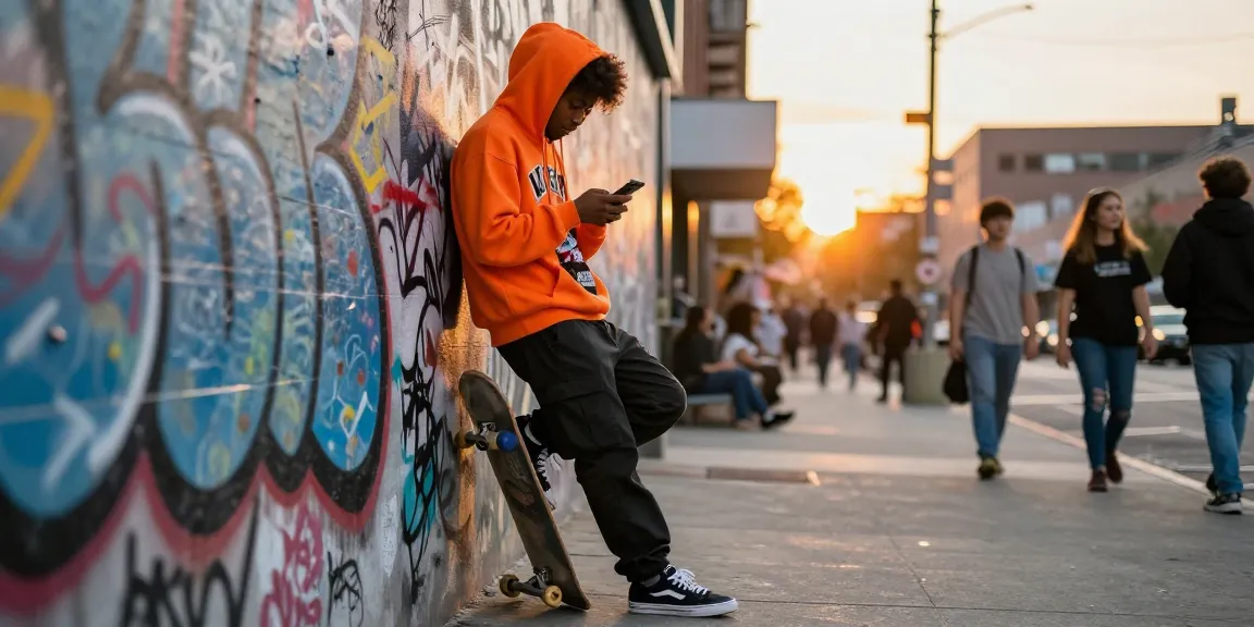 Stylish person in Vlone clothing showcasing streetwear fashion against a graffiti wall in the urban setting.