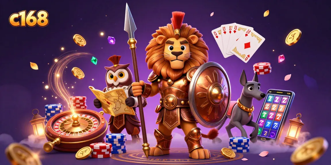 Experience the thrill of c168 with vibrant casino elements and characters in this dynamic 3D illustration.