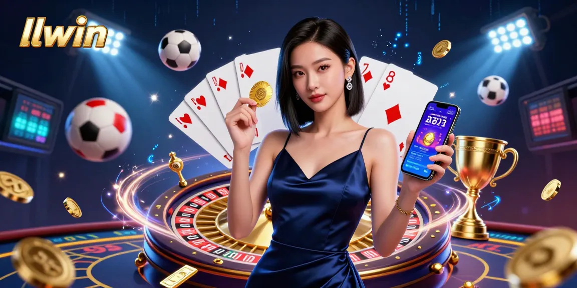 Experience llwin's vibrant casino atmosphere with an elegant Asian woman holding a golden chip and smartphone amidst dynamic gaming elements.