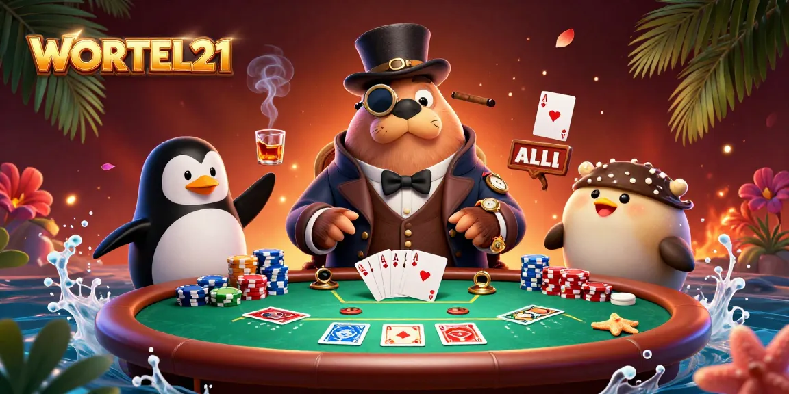 Engage in thrilling poker action at WORTEL21 with a jolly walrus and friends, featuring vibrant undersea elements.