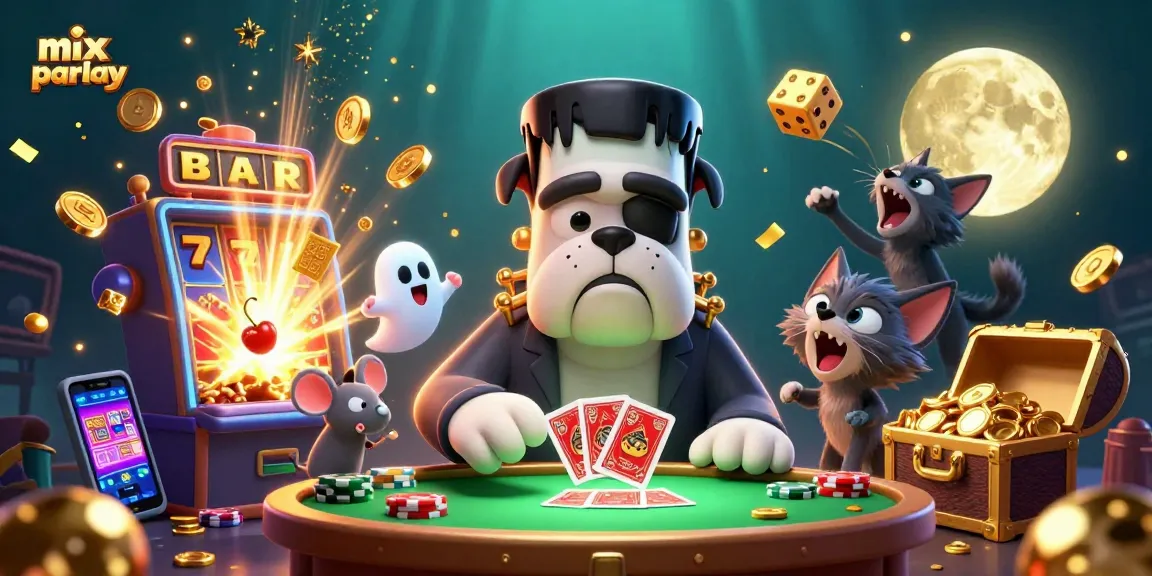Gambarlah mix parlay di meja kasino bersama bulldog Frankenstein dan kucing werewolf