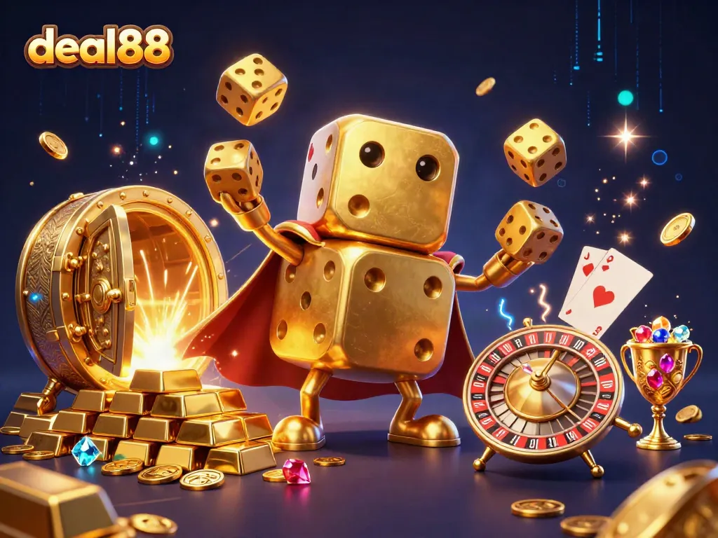 Engage with deal88's exciting casino scene featuring golden dice and treasure elements.