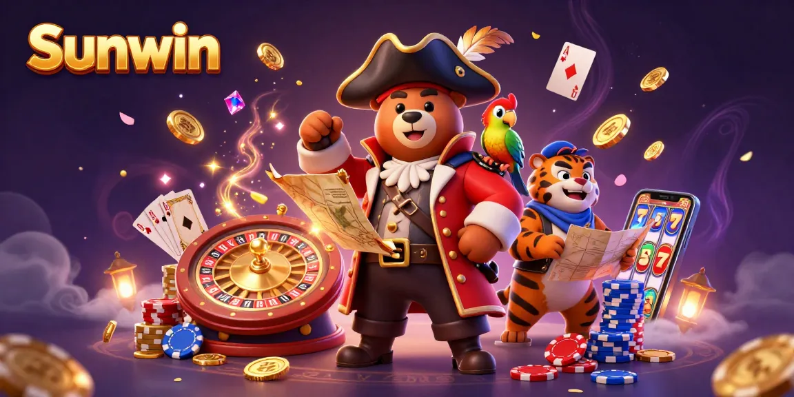 Experience thrilling casino action at Sunwin with a vibrant illustration of pirate-themed characters and dynamic gaming elements.