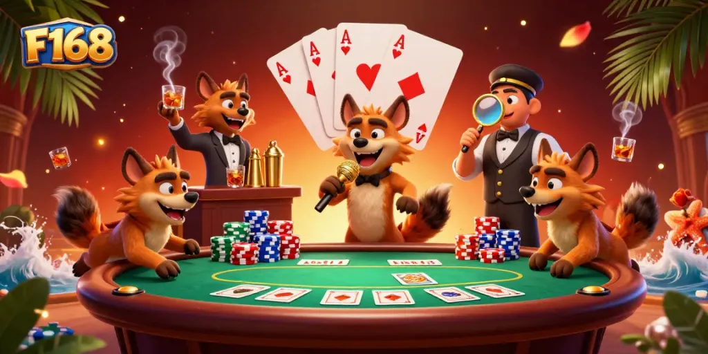 Experience the excitement of F168 with lively hyena characters in a vibrant casino scene.