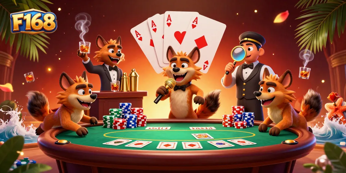 Experience the excitement of F168 with lively hyena characters in a vibrant casino scene.